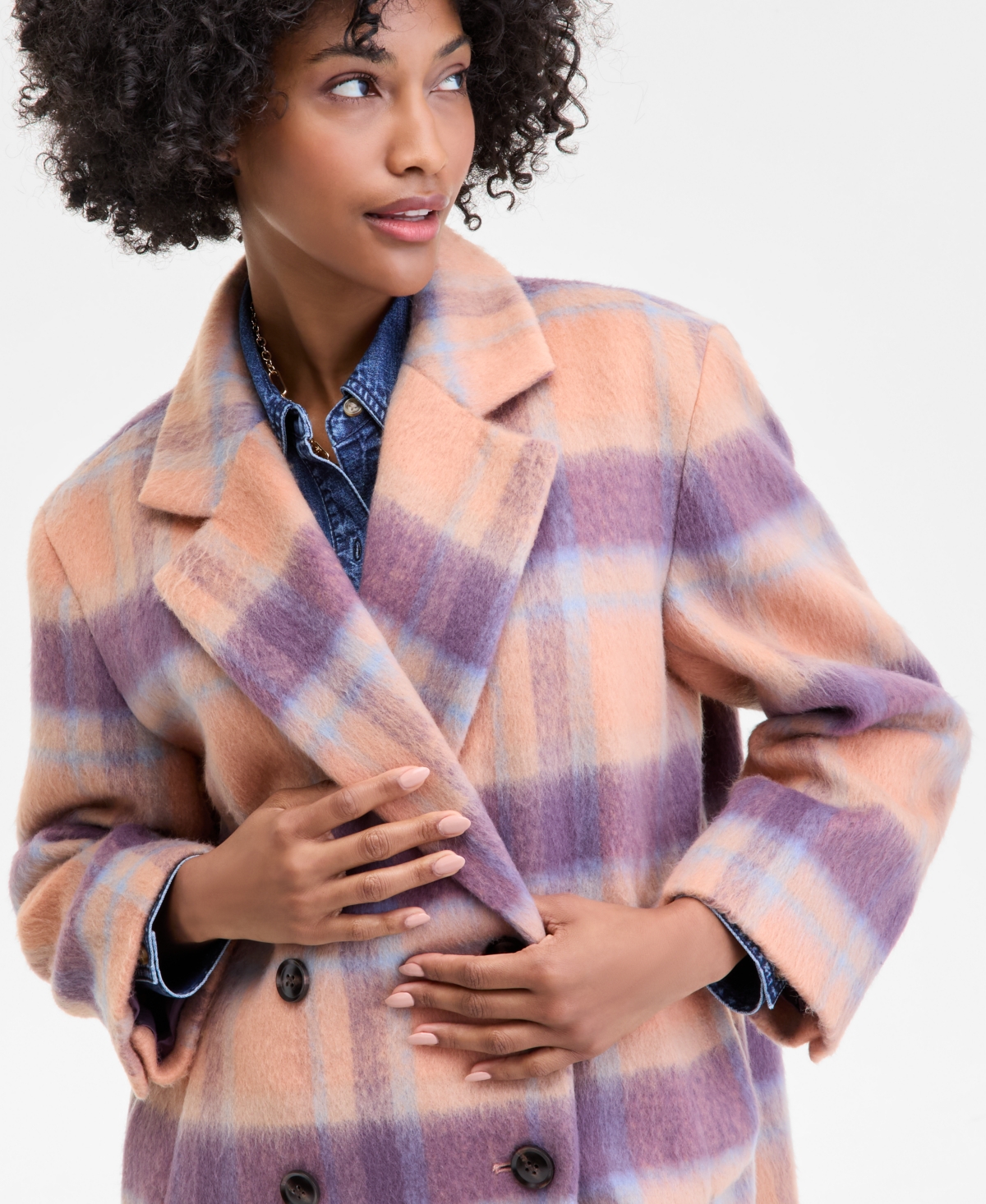 On 34th Women's Brushed Plaid Double-breasted Coat, Macy's Exclusive In Multi