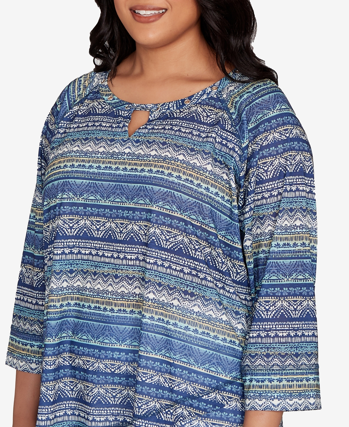 Hearts Of Palm Plus Size Printed Tulip Hem Slub Top In Multi
