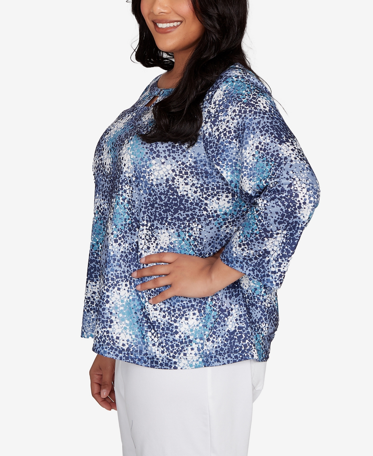 Hearts Of Palm Plus Size Printed Poly Square Ring Neck Top