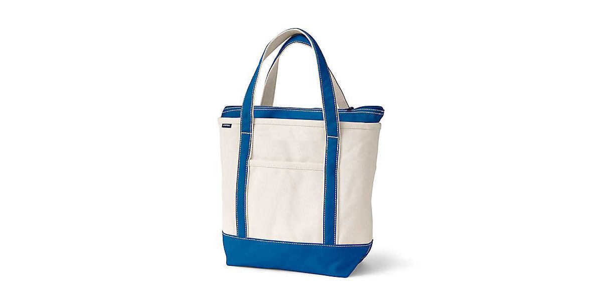 Lands' End Medium 5 Pocket Zip Top Canvas Tote Bag - Natural/beacon blue