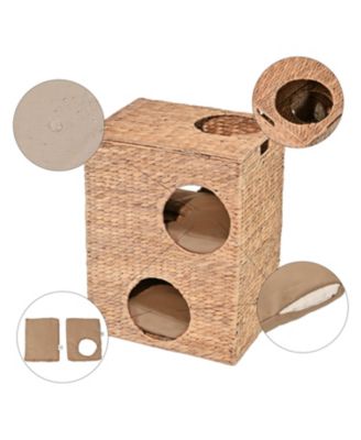 Jaxon 18" Modern Classic 2-Tier Handwoven Hyacinth Rectangular 5-Hole Pet Condo with 2 Machine-Washable Cushions