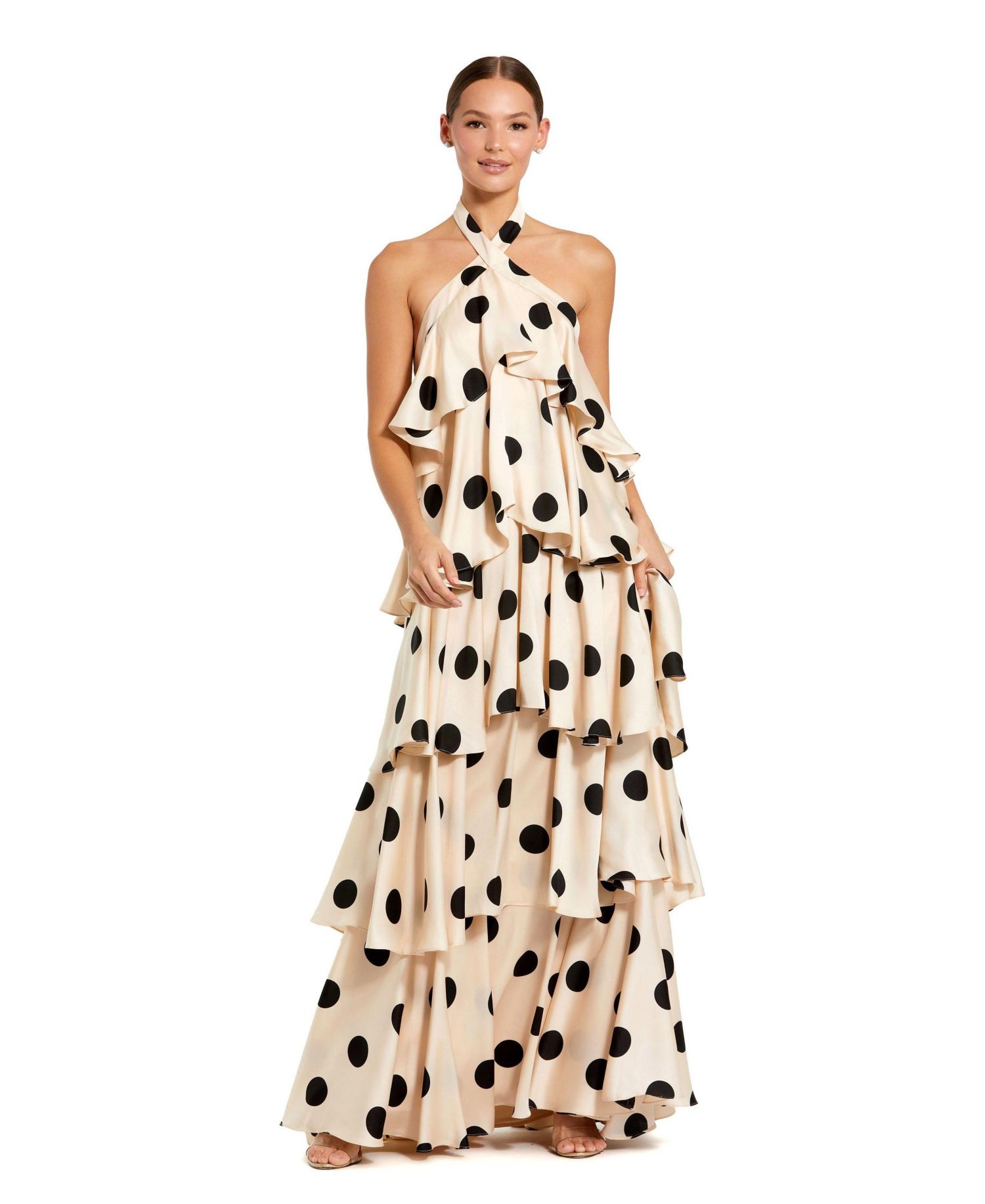 Women's Polka Dot Charmeuse Halter Tiered Ruffle Gown