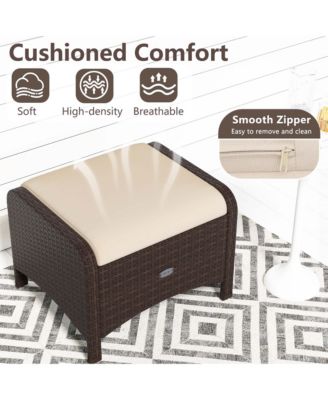 2 Pieces Outdoor Patio PE Wicker Ottomans with Removable Cushions Footstools