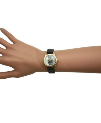 Black Owl Drawing Face Faux Leather Band Women Watch