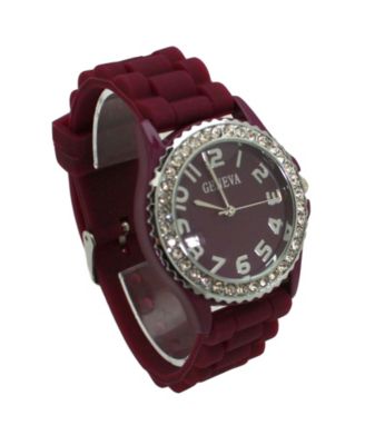 Burgundy Every Day Silicone and Rhinestones Colorful Women Watch