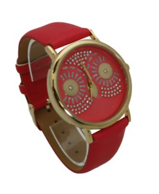 Hot Pink Dazzling Owl Face Leather Strap Watch