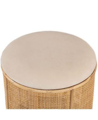 - Beige Velvet and Rattan Pouf Exotic Boho Upholstery Living Room