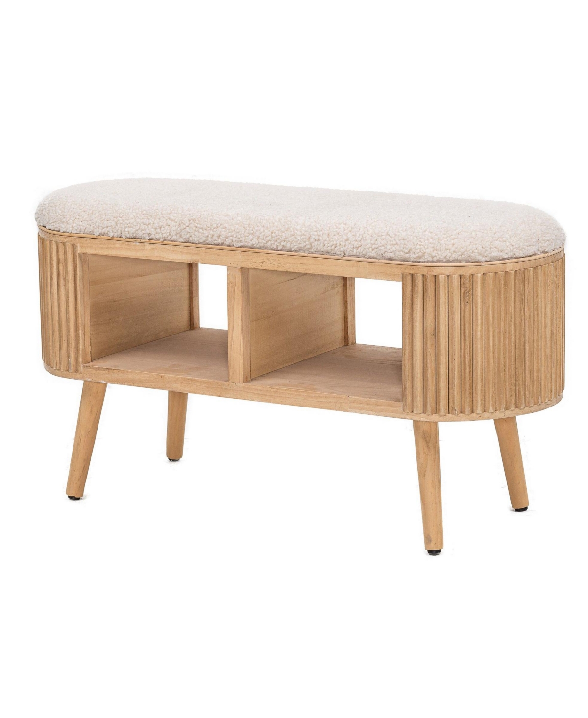 Nordlys - White Boucle and Wood Storage Bench Exotic Boho Entry