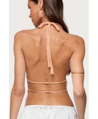 Womens Sequin Knit Split Front Backless Top