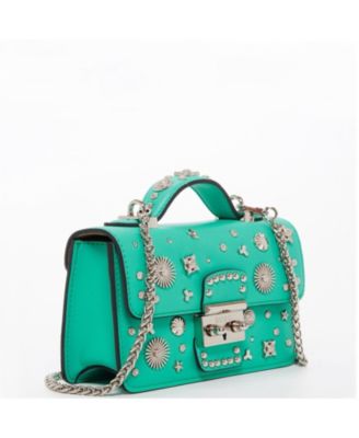 Small Green Leather Crossbody Bag with Silver Studs Designer Purse for Women