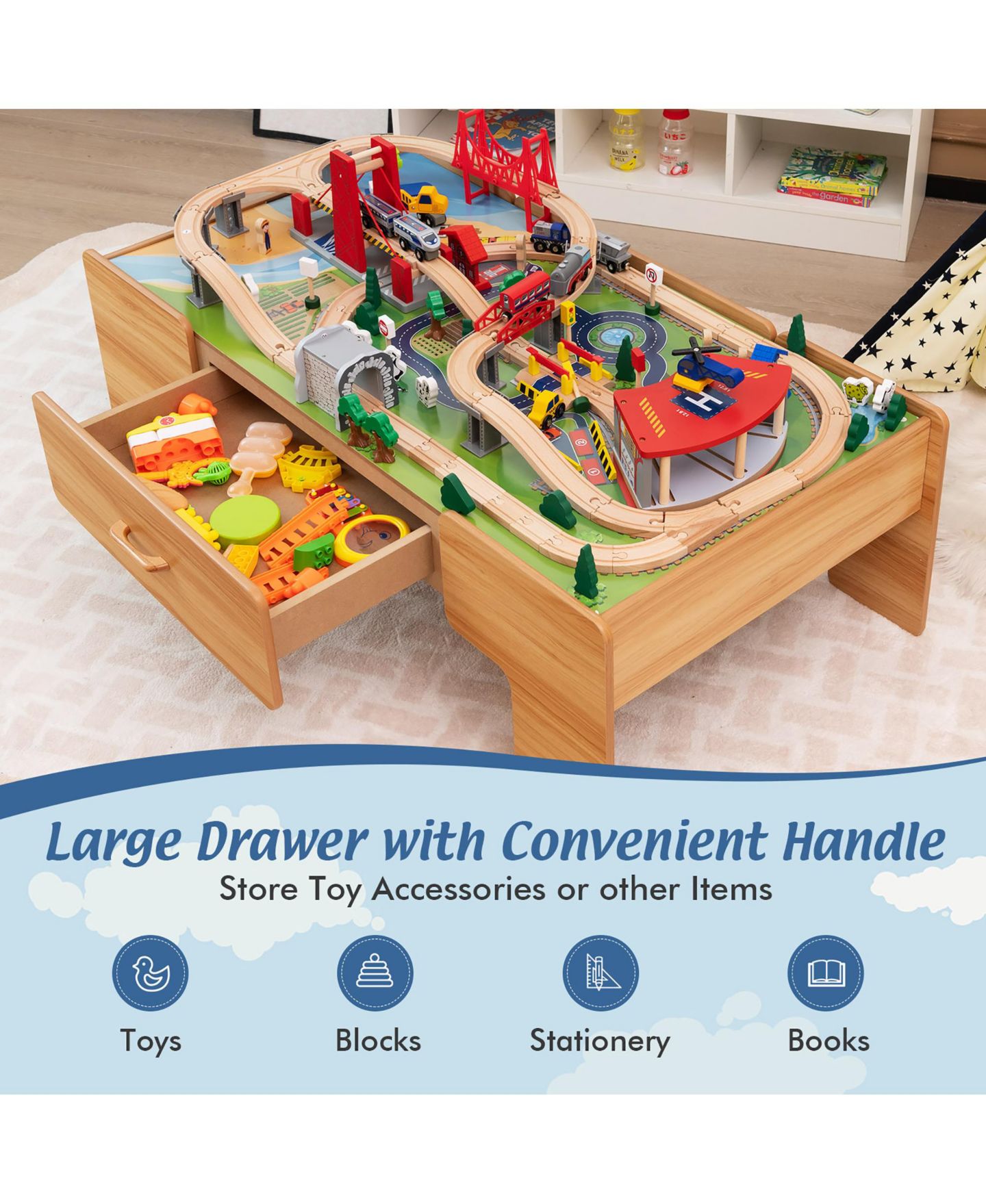 Детские игрушки Costway Magnetic Battery-Operated 100-Piece Kids' Train Set & Activity Table Playset, цвет: Натуральный — фото 5