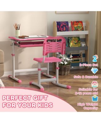 Height Adjustable Kids Desk and Chairs Set with Tilt Desktop,