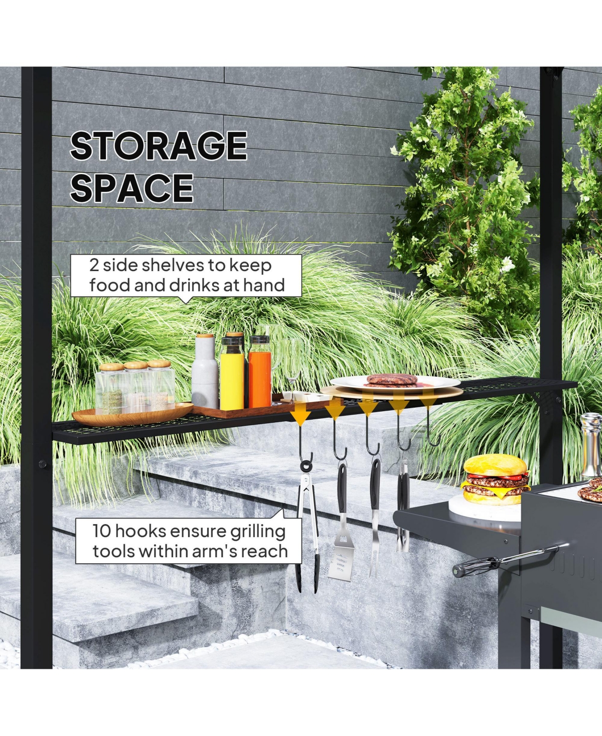 Outsunny 8 x 5ft Hardtop Grill Gazebo with 2 Side Shelves and 10 Hooks