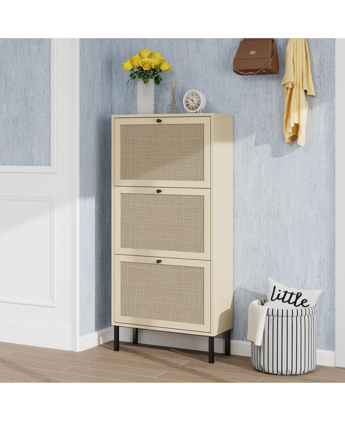 Casainc Rattan Freestanding Modern Storage Cabinet with 3 Door Shoe Rack