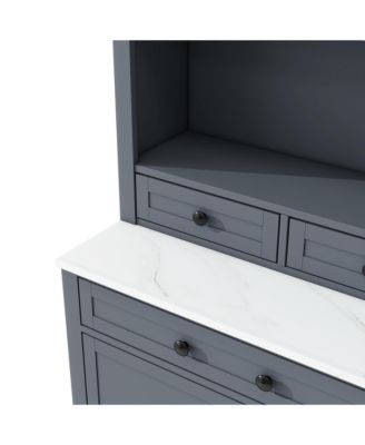 CASAINC 83.7-Inch Tall Freestanding Kitchen Pantry with Faux Marble Top and 5 Storage Drawers Curio Display Cabinet