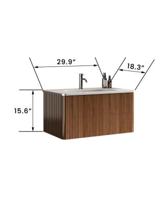 Etna 30" Floating Vanity With Ceramic Sink and Walnut Striped Finish, KD Assembly