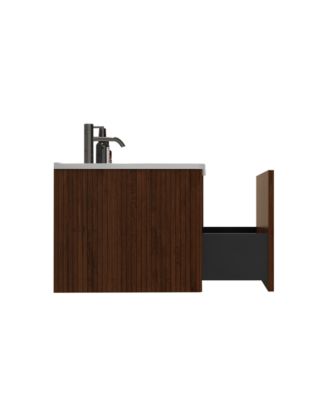 Etna 30" Floating Vanity With Ceramic Sink and Walnut Striped Finish, KD Assembly