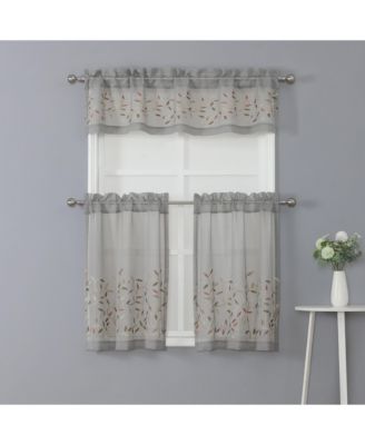 Shabby Sheer Embroidered Complete 3 Piece Floral Rod Pocket Cafe Kitchen Curtain Tier & Valance Set