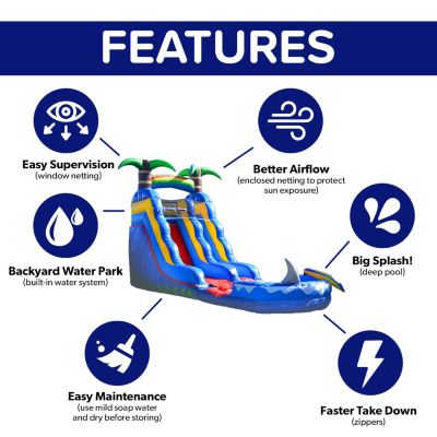 HeroKiddo 15  Ocean Shark Commercial Grade Inflatable Water Slide with Attached Splash Pool (No Blower Included)