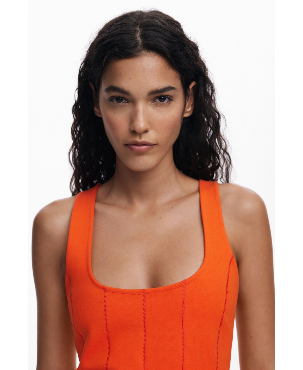 Desigual Embroidered Sleeveless Stretch Cotton Minidress In Orange