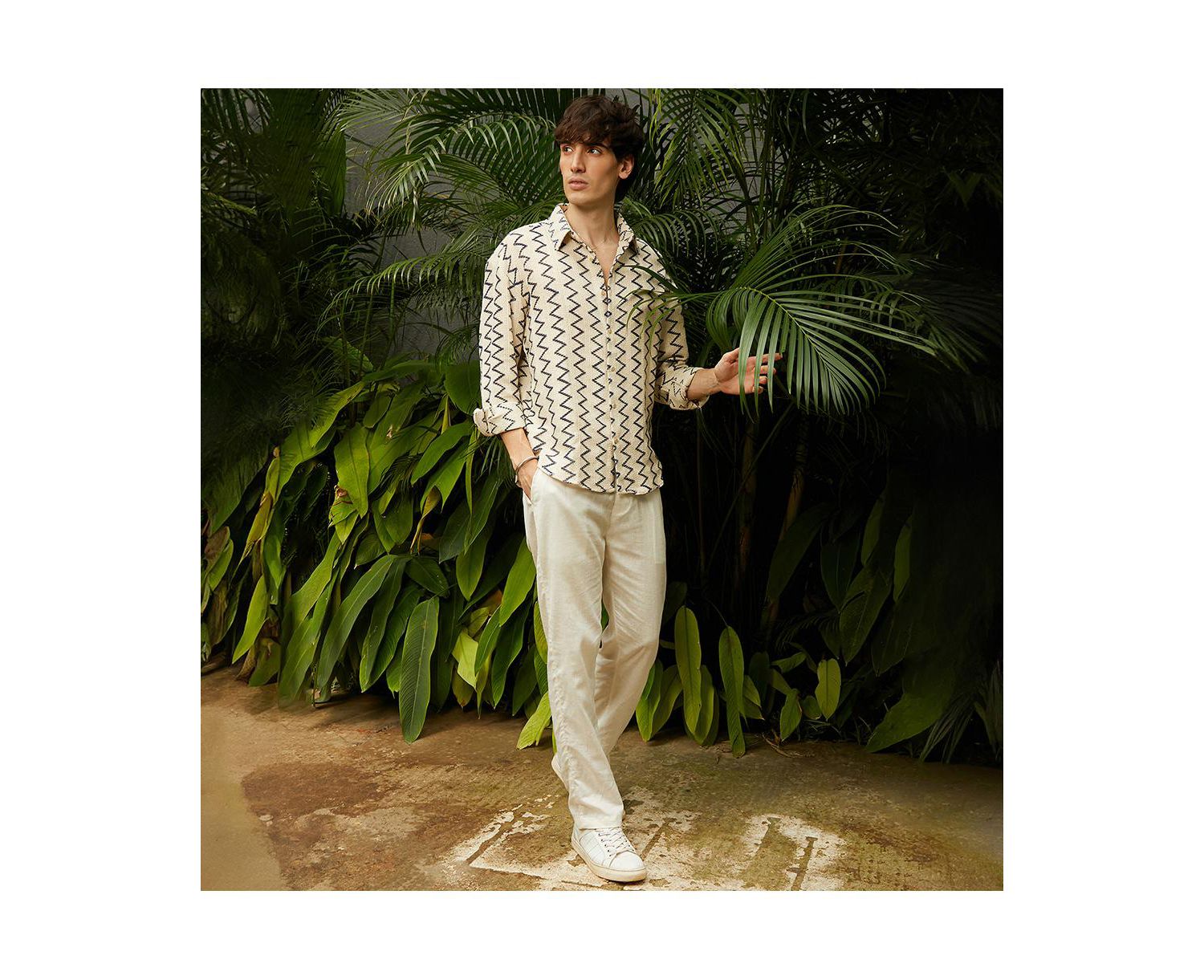 Men's Cream White Zig-Zag Knit Shirt