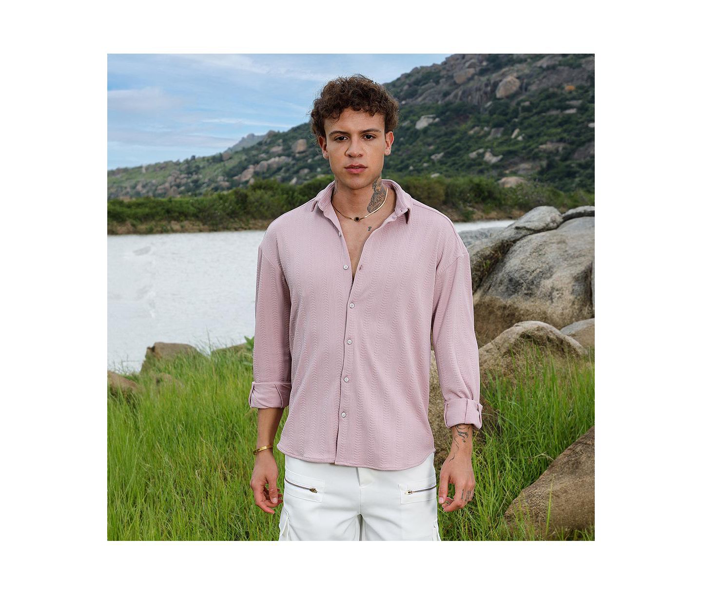 Мужская рубашка Cahoot Campus Sutra Nude Pink Spear-Textured, цвет: Розовый — фото 5