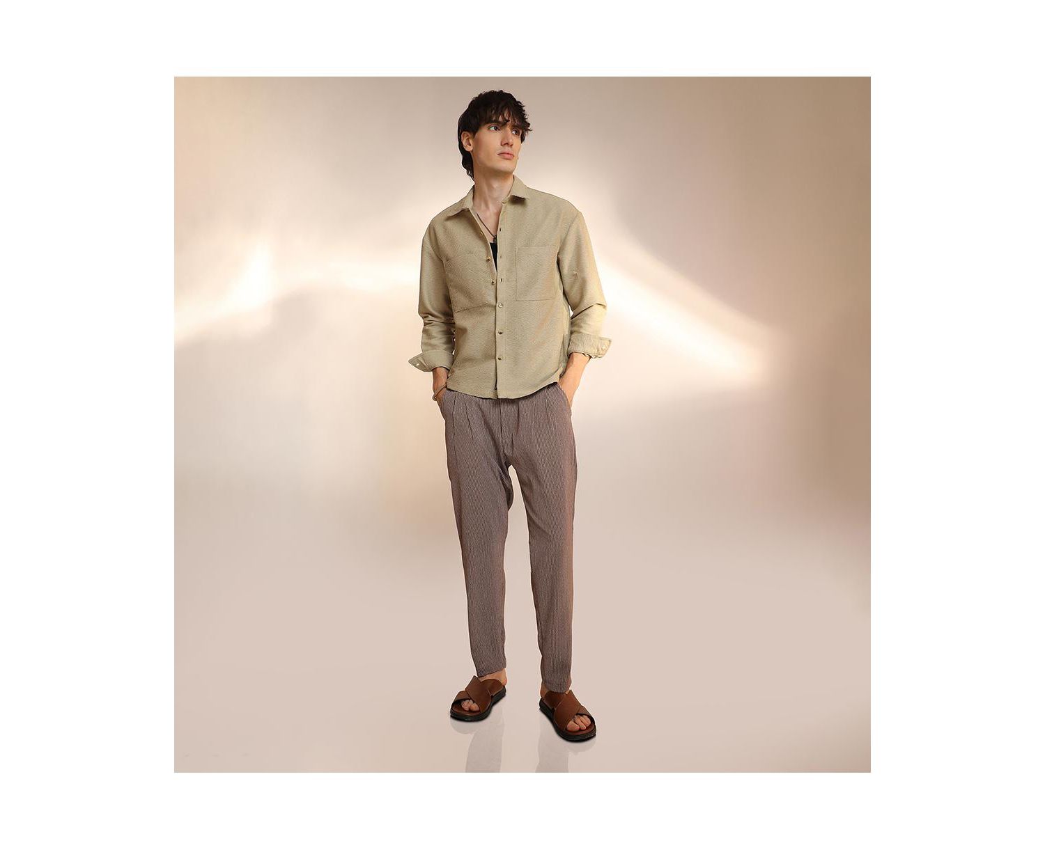Men's Buff Beige Chevron-Woven Utility Shirt