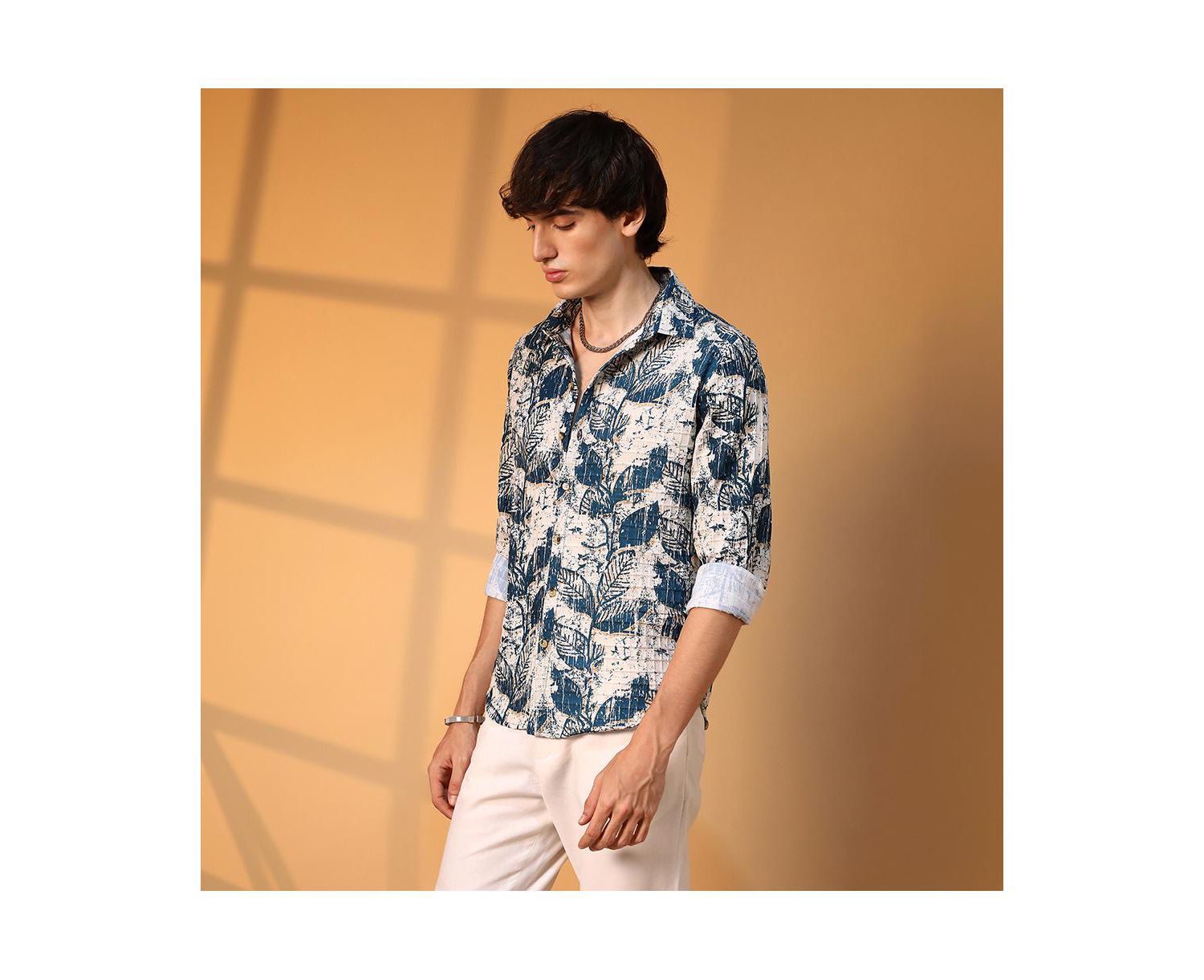 Men's Ivory White & Indigo Blue Foliage-Waffle Shirt