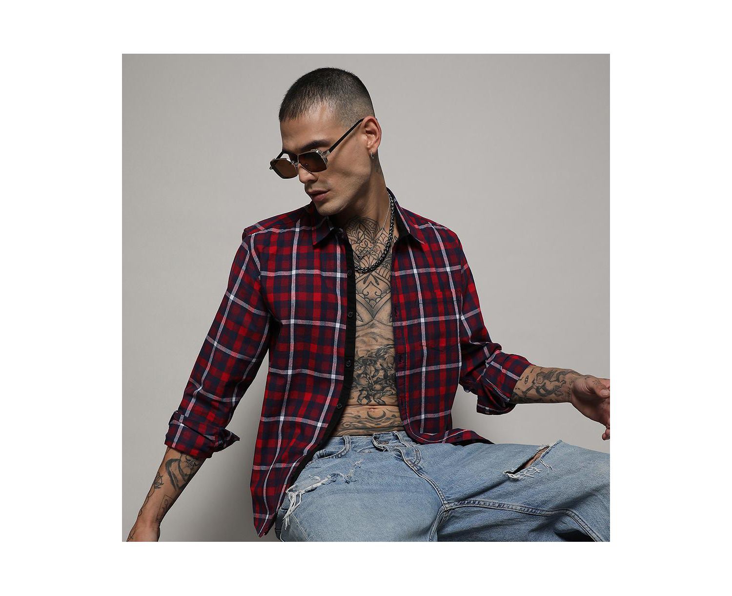 Men's Navy Blue & Red Tartan Plaid Shirt