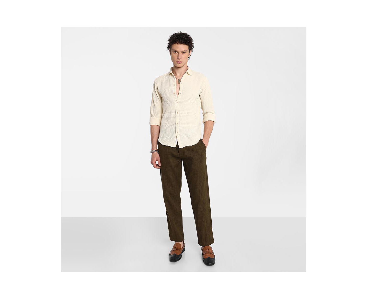 Men's Ivory White Weave-Textured Shirt