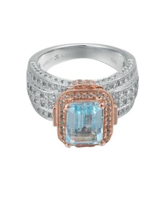 Suzy Levian Two-Tone Sterling Silver Emerald Cut Center Topaz Cocktail Milano Ring