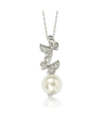 Suzy Levian Sterling Silver Pearl and White Sapphire Butterfly Pendant