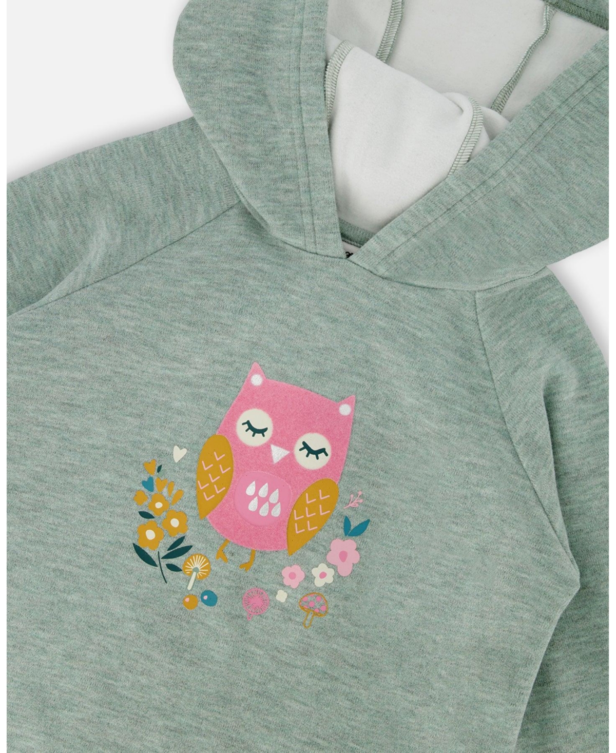 Deux par Girl Hooded Tunic Sage Green with Owl Print