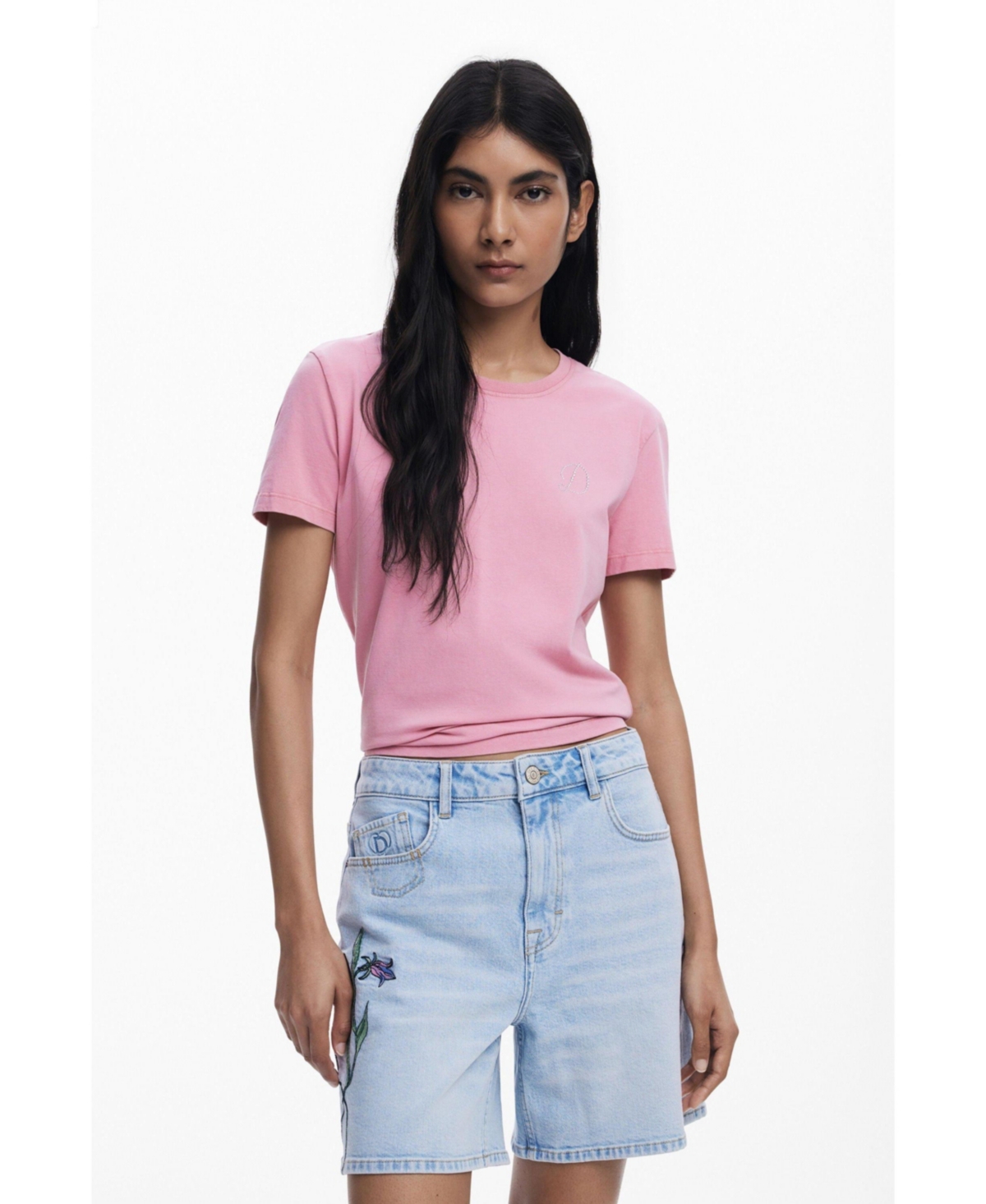Desigual Rhinestone Embellished Stretch Cotton T-shirt In Purple
