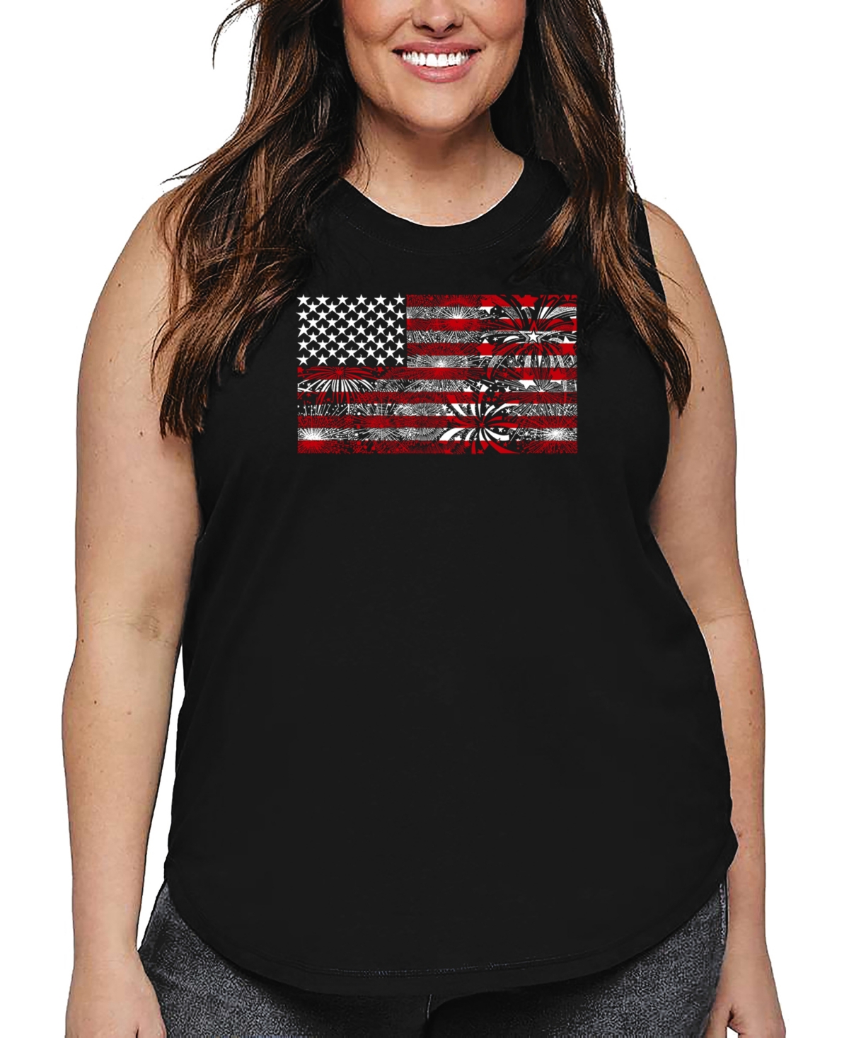 La Pop Art Plus Size Fireworks American Flag Word Art Tank Top In Black