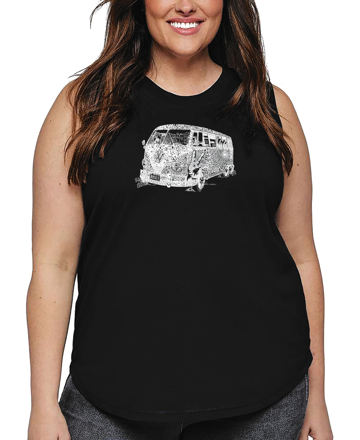 La Pop Art Plus Size 70's Music Word Art Tank Top In Black