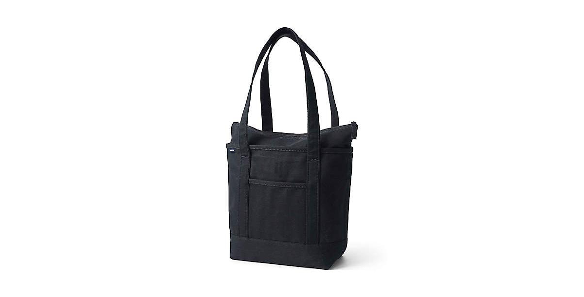 Medium Solid Color 5 Pocket Zip Top Long Handle Canvas Tote Bag - Radiant navy