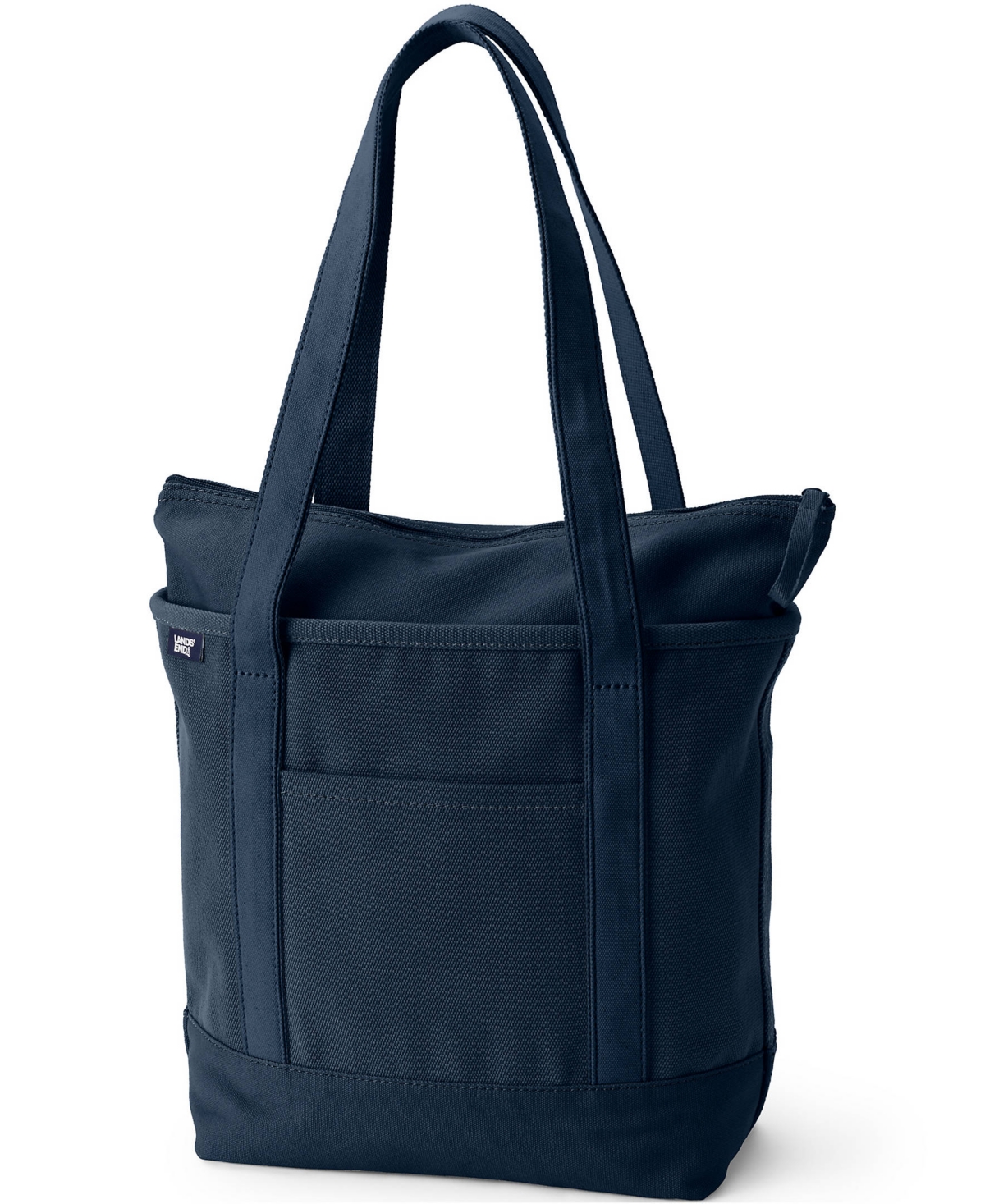 Medium Solid Color 5 Pocket Zip Top Long Handle Canvas Tote Bag - White