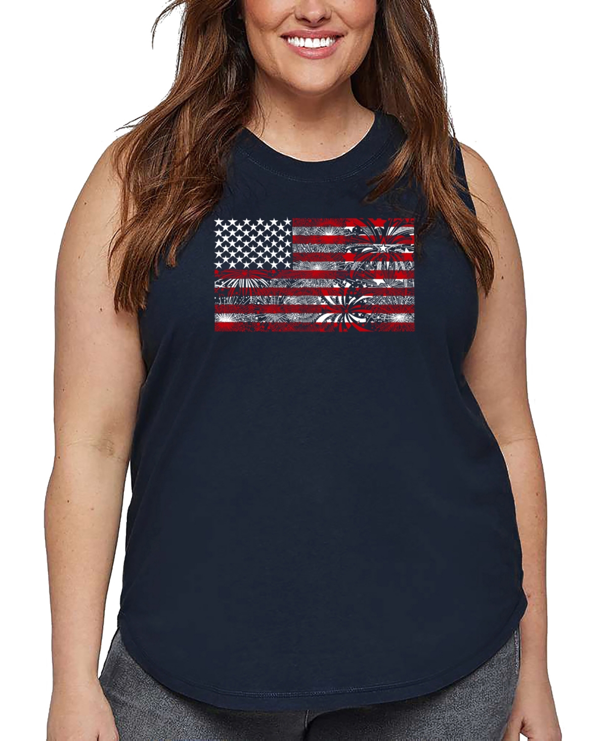 La Pop Art Plus Size Fireworks American Flag Word Art Tank Top In Blue