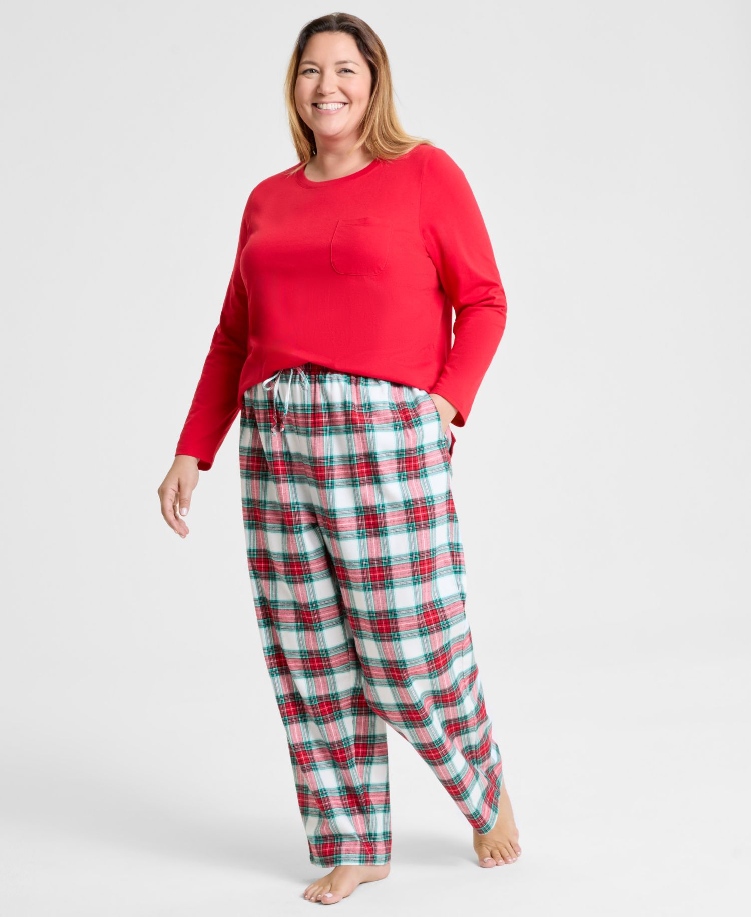 Women's Plus Size Merry Plaid Crew Neck Matching Family Pajamas Set