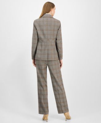 Women's Check-Print Peak-Lapel Three-Pocket Jacket & Plaid Mid-Rise Wide-Leg Pants Suit Separates