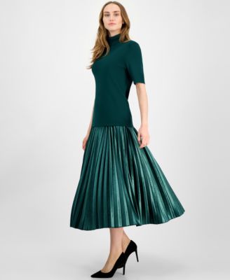 Anne Klein Womens Half Sleeve Turtleneck Sweater Pleated Flared Midi Skirt In Green