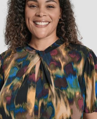 Plus Size Keyhole Twist Neck Balloon Sleeve Top