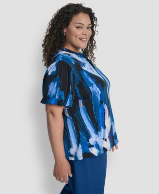 Plus Size Keyhole Twist Neck Balloon Sleeve Top