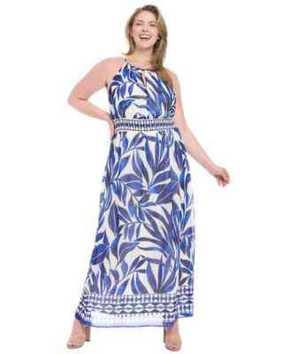 London Times - Plus Size Printed Halter-Neck Maxi Dress