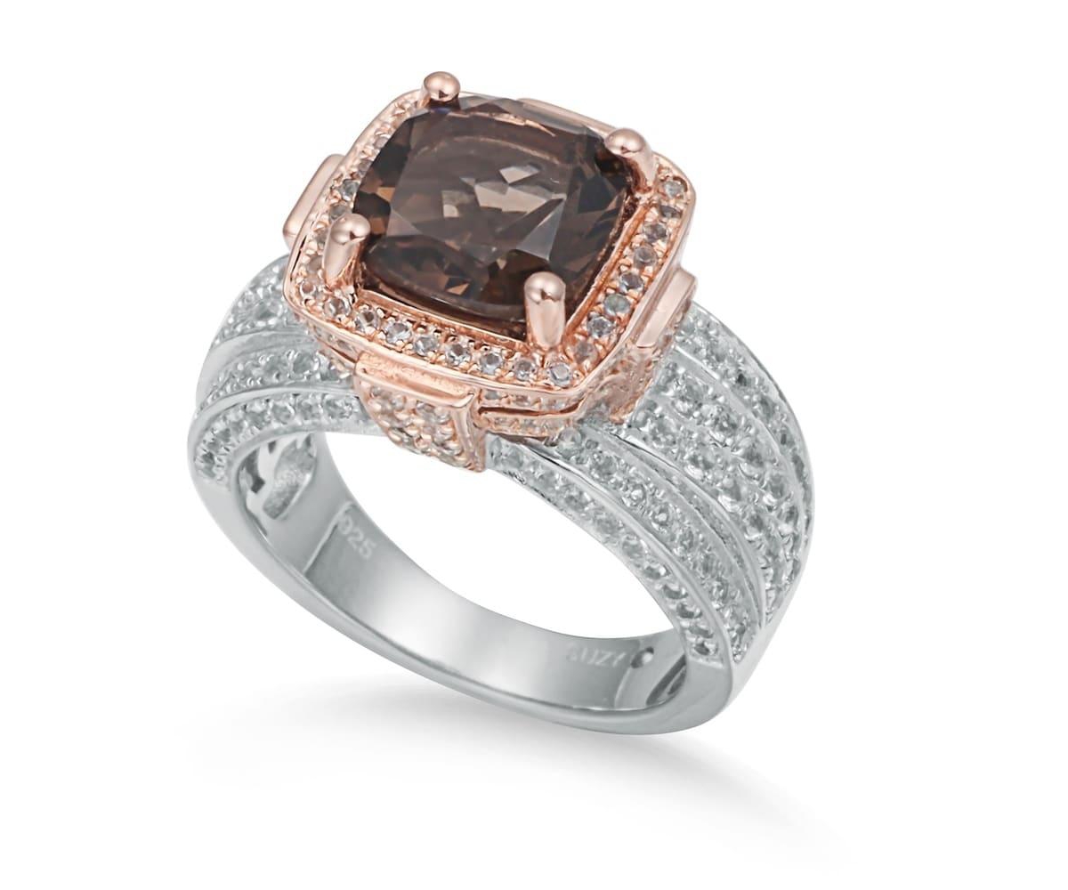 Suzy Levian Two Tone Sterling Silver Cushion Cut Center Topaz Cocktail Milano Ring
