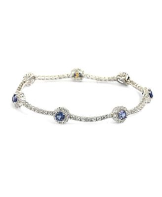 Pink Sapphire & Lab-Grown White Sapphire Round Halo Pave Tennis. Bracelet in Sterling Silver