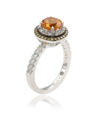 Suzy Levian Sterling Silver Round Cut Topaz and Sapphire Double Halo Ring