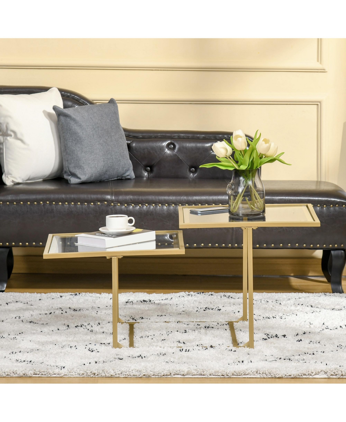 Homcom 38" 2 Glass End Table, Living Room Table w/ Metal Frame,