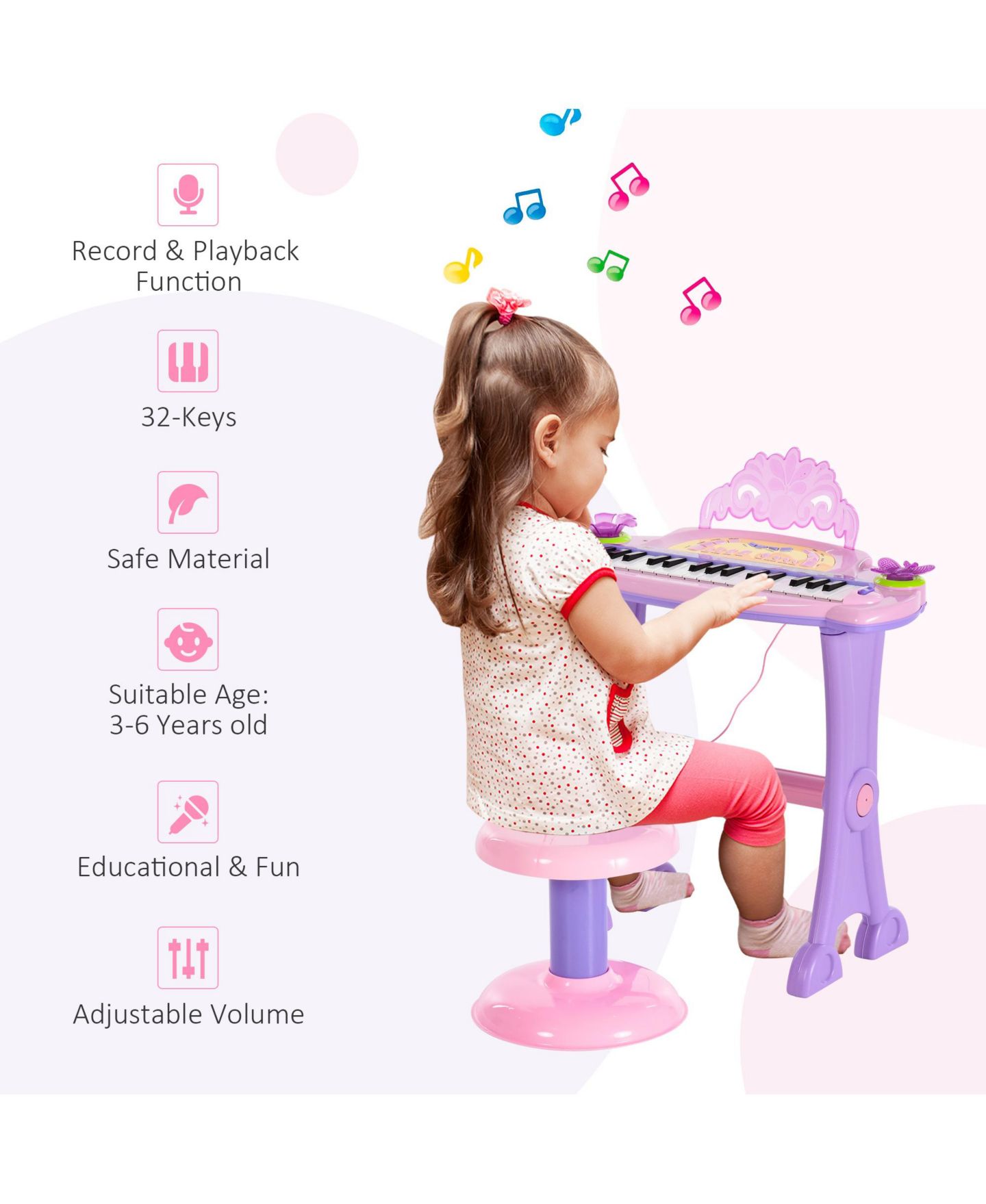 Детские игрушки Qaba Kids Piano Keyboard Drum Set with Sounds, Microphone, Stool — фото 9